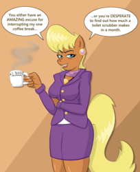 Size: 913x1119 | Tagged: safe, artist:eshbaal, ms. harshwhinny, anthro, g4, blonde, breasts, business suit, businessmare, clothes, dialogue, ear piercing, earring, female, jacket, jewelry, looking at you, necklace, piercing, scarf, skirt, skirt suit, solo, suit, thighs, unamused