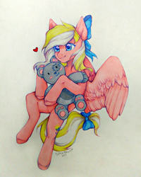 Size: 1788x2237 | Tagged: safe, artist:cottonpaws, artist:kottonashi, oc, oc only, oc:bay breeze, pegasus, pony, arm hooves, bow, commission, cute, female, hair bow, heart, mare, signature, simple background, sitting, tail bow, teddy bear, traditional art, white background, ych result