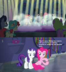 Size: 1277x1391 | Tagged: safe, edit, edited screencap, screencap, azure velour, crimson cream, daisy, diamond cutter, dj pon-3, fashion statement, flashdancer, flower wishes, lavender bloom, lockdown, mare e. belle, pacific glow, pinkie pie, rarity, vinyl scratch, g4, season 6, the saddle row review, amused, boutique, clothes, dance club, dancing, dress, hat, lights, manehattan, model, raised eyebrow, rarity for you, security guard, speaker