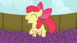 Size: 1920x1080 | Tagged: safe, screencap, apple bloom, earth pony, pony, brotherhooves social, g4, adorabloom, animated, bucket, cute, female, filly, food, gif, grape juice, grapes, happy, juice, loop, open mouth, stomp