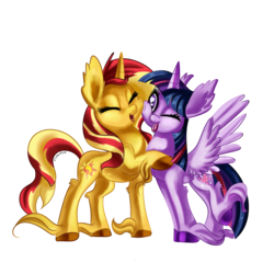 Size: 1250x1250 | Tagged: safe, artist:nattyvelvet, sunset shimmer, twilight sparkle, alicorn, pony, unicorn, g4, :p, cute, eyes closed, female, floppy ears, happy, heart eyes, hug, leg fluff, lesbian, mare, open mouth, raised hoof, rubbing, shimmerbetes, ship:sunsetsparkle, shipping, silly, simple background, smiling, snuggling, spread wings, squishy cheeks, tongue out, transparent background, twiabetes, twilight sparkle (alicorn), unshorn fetlocks, wingding eyes, wings
