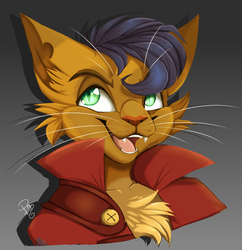 Size: 1413x1460 | Tagged: safe, artist:pixelyte, capper dapperpaws, abyssinian, cat, anthro, g4, my little pony: the movie, bust, chest fluff, clothes, coat, gradient background, gray background, male, open mouth, portrait, simple background, smiling, solo, whiskers