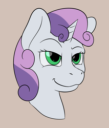 Size: 1881x2207 | Tagged: safe, artist:nudeknightart, sweetie belle, pony, unicorn, g4, brown background, bust, cocked eyebrow, female, filly, mare, simple background, smiling, smirk, smug, solo