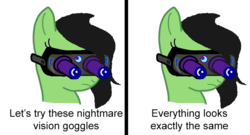 Size: 722x389 | Tagged: safe, oc, oc only, oc:filly anon, female, filly, meme, nightmare vision goggles, simple background, solo, white background