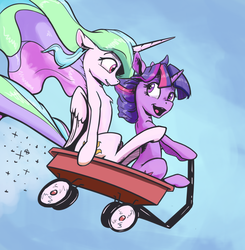 Size: 1775x1809 | Tagged: dead source, safe, artist:artbymrsun, princess celestia, twilight sparkle, alicorn, pony, unicorn, g4, calvin and hobbes, cute, cutelestia, duo, female, flying, mare, smiling, style emulation, twiabetes, wagon