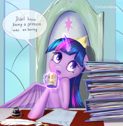 Size: 1024x1049 | Tagged: dead source, safe, artist:stratodraw, twilight sparkle, alicorn, pony, g4, crown, dialogue, female, glowing horn, horn, jewelry, magic, mare, quill, regalia, solo, twilight sparkle (alicorn)