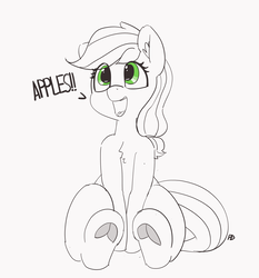 Size: 4246x4552 | Tagged: safe, artist:pabbley, applejack, earth pony, pony, g4, 30 minute art challenge, absurd resolution, apple, chest fluff, clothes, cute, dialogue, ear fluff, female, food, jackabetes, mare, open mouth, partial color, simple background, sitting, smiling, solo, that pony sure does love apples, underhoof