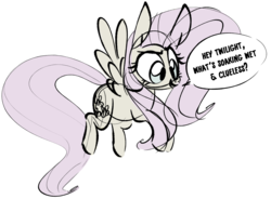 Size: 1774x1307 | Tagged: safe, artist:hattsy, fluttershy, pegasus, pony, g4, dialogue, discorded, female, flutterbitch, flying, long tail, mare, open mouth, simple background, sketch, smiling, smirk, solo, spread wings, white background, wings