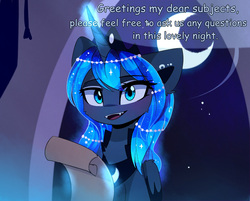 Size: 1580x1271 | Tagged: safe, artist:magnaluna, princess luna, alicorn, pony, g4, blushing, cheek fluff, chest fluff, crown, cute, cute little fangs, dialogue, fangs, female, fluffy, jewelry, levitation, looking at you, luna-darkesthours, lunabetes, magic, mare, moon, night, open mouth, regalia, scroll, smiling, solo, telekinesis, wing fluff
