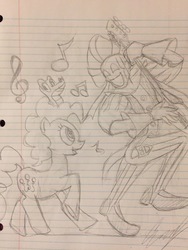 Size: 2448x3264 | Tagged: safe, artist:autismo555, artist:autismo555-2, gummy, pinkie pie, oc, g4, high res, human oc, jester, lined paper, mandolin, mask, monochrome, music notes, musical instrument, pencil, pencil drawing, sketch, traditional art