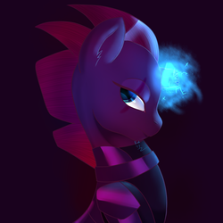 Size: 2000x2000 | Tagged: safe, artist:digiko-kagami, tempest shadow, pony, unicorn, g4, my little pony: the movie, broken horn, eye scar, female, glowing horn, high res, horn, looking back, mare, scar, smiling, solo, sparking horn