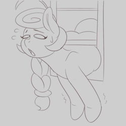 Size: 1280x1280 | Tagged: safe, artist:askamberfawn, oc, oc only, oc:vanilla mochi, earth pony, pony, fat, female, mare, monochrome, sketch, solo, stuck, the ass was fat, window