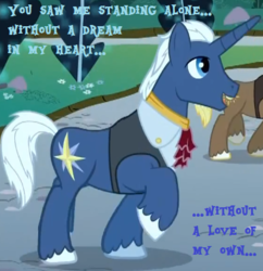 Size: 400x413 | Tagged: safe, edit, edited screencap, screencap, blue moon (g4), chocolate sun, pony, unicorn, g4, the best night ever, background pony, billie holiday, blue moon, clothes, cropped, frank sinatra, lyrics, male, raised hoof, song reference, stallion, stealth pun, text