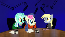 Size: 1344x756 | Tagged: safe, bon bon, derpy hooves, lyra heartstrings, sweetie drops, g4, cropped, head swap, karl pilkington, ricky gervais, ricky gervais show, stephen merchant, trio