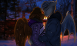 Size: 2800x1673 | Tagged: safe, artist:b(r)at, oc, oc only, oc:eclipse penumbra, oc:sierra flyer, bat pony, anthro, clothes, couple, eyes closed, female, jacket, lights, male, mare, outdoors, sierrumbra, snow, snowfall, straight, tree, wings
