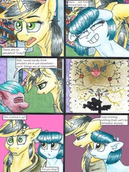 Size: 3000x4000 | Tagged: safe, artist:tillie-tmb, princess celestia, oc, oc:meadow lark, oc:tempest, earth pony, pony, unicorn, comic:the amulet of shades, g4, alicorn amulet, comic, female, high res, mare, thought bubble, traditional art
