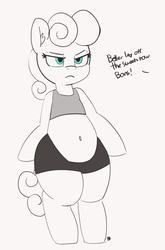 Size: 1266x1920 | Tagged: safe, artist:pabbley, bon bon, sweetie drops, earth pony, pony, g4, 30 minute art challenge, belly button, bipedal, bon bon is not amused, chubby, clothes, female, partial color, plump, solo, unamused