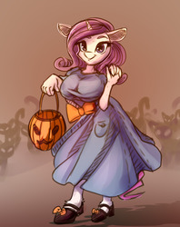 Size: 1280x1615 | Tagged: safe, artist:woofmaple, rarity, cat, anthro, plantigrade anthro, g4, breasts, busty rarity, clothes, dress, female, halloween, holiday, jack-o-lantern, pumpkin, pumpkin bucket, shoes, solo