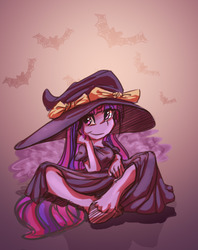 Size: 1280x1615 | Tagged: safe, artist:woofmaple, twilight sparkle, bat, anthro, g4, clothes, dress, female, halloween, hat, holiday, sitting, solo