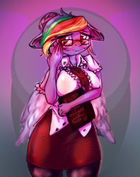 Size: 1280x1615 | Tagged: safe, artist:woofmaple, rainbow dash, anthro, g4, adorasexy, adorkable, book, clothes, cosplay, costume, cute, dork, floppy ears, glasses, halloween, holiday, moe, pantyhose, sexy, shy, skirt, teacher, thighs