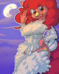 Size: 1280x1615 | Tagged: safe, artist:woofmaple, pinkie pie, chicken, anthro, g4, animal costume, breasts, busty pinkie pie, chicken pie, chicken suit, clothes, cosplay, costume, female, halloween, holiday, moon, smiling, solo