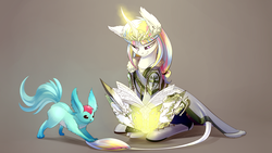 Size: 3840x2160 | Tagged: safe, artist:underpable, oc, oc only, oc:lorelei, classical unicorn, pony, unicorn, book, carbuncle, cloven hooves, commission, duo, final fantasy, final fantasy xiv, high res, horn, leonine tail, levitation, magic, sitting, summoner, telekinesis, unshorn fetlocks