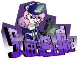 Size: 1150x920 | Tagged: dead source, safe, artist:hc0, sweetie belle, pony, g4, backwards ballcap, baseball cap, cap, clothes, female, hat, hoodie, magic, simple background, solo, transparent background, uzi, weapon