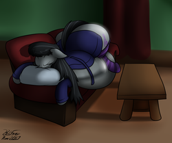 Size: 1775x1485 | Tagged: safe, artist:the-furry-railfan, octavia melody, g4, belly, butt, clothes, coffee table, comfy, couch, curtains, huge butt, impossibly large belly, impossibly large butt, inflation, large butt, night, pillow, plot, robe, sleeping, socks, socktavia, squishy, striped socks, table, television, the ass was fat, treblebutt