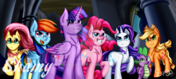 Size: 1024x463 | Tagged: safe, artist:shamy-crist, applejack, fluttershy, pinkie pie, rainbow dash, rarity, spike, twilight sparkle, alicorn, dragon, pony, g4, my little pony: the movie, evil smile, grin, mane seven, mane six, smiling, smirk, twilight sparkle (alicorn), watermark