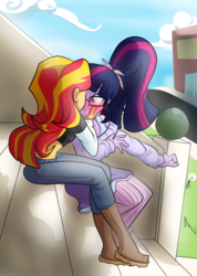 Size: 2114x2961 | Tagged: safe, artist:heyerika, sci-twi, sunset shimmer, twilight sparkle, human, equestria girls, g4, blushing, clothes, female, glasses, high res, humanized, lesbian, ship:sci-twishimmer, ship:sunsetsparkle, shipping, sitting