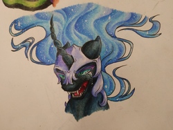 Size: 4160x3120 | Tagged: safe, artist:cloud-dash, nightmare moon, pony, g4, bust, crying, curved horn, female, high res, horn, portrait, sharp teeth, solo, teeth, traditional art