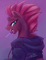 Size: 700x900 | Tagged: dead source, safe, artist:candasaurus, tempest shadow, pony, unicorn, g4, my little pony: the movie, broken horn, candy, clothes, female, food, gradient background, hoodie, horn, lollipop, looking at you, looking back, looking back at you, open mouth, solo