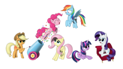 Size: 8000x4500 | Tagged: safe, artist:sheeppony, applejack, fluttershy, pinkie pie, rainbow dash, rarity, twilight sparkle, alicorn, earth pony, pegasus, pony, unicorn, g4, absurd resolution, confetti, couch, mane six, party cannon, pony cannonball, prone, simple background, transparent background, twilight sparkle (alicorn)