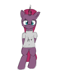 Size: 2745x3680 | Tagged: safe, tempest shadow, pony, unicorn, g4, my little pony: the movie, arm behind back, artificial horn, augmented, bipedal, clothes, colored sketch, high res, horn, prosthetic horn, prosthetics, shirt, simple background, sketch, t-shirt, tempest gets her horn back, transhumanism, white background