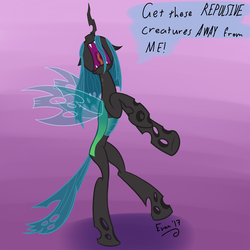 Size: 2000x2000 | Tagged: safe, artist:evan555alpha, derpibooru exclusive, queen chrysalis, changeling, g4, dialogue, female, freakout, frightened, frown, gradient background, high res, hoofy-kicks, nose in the air, open mouth, panic, raised leg, rearing, scared, screaming, solo, tongue out, uvula, wide eyes