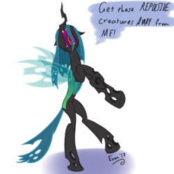 Size: 2000x2000 | Tagged: safe, alternate version, artist:evan555alpha, derpibooru exclusive, queen chrysalis, changeling, g4, dialogue, female, freakout, frightened, frown, high res, hoofy-kicks, nose in the air, open mouth, panic, raised leg, rearing, scared, screaming, simple background, solo, tongue out, transparent background, uvula, wide eyes