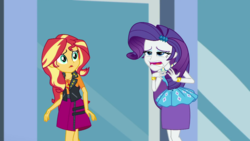 Size: 1280x720 | Tagged: safe, screencap, rarity, sunset shimmer, display of affection, equestria girls, g4, my little pony equestria girls: better together, female, geode of empathy, magical geodes, rarity peplum dress