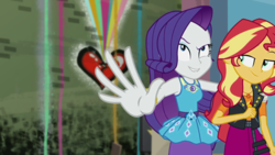 Size: 1280x720 | Tagged: safe, screencap, rarity, sunset shimmer, display of affection, equestria girls, equestria girls series, g4, female, geode of empathy, geode of shielding, magical geodes, rarity peplum dress