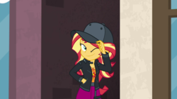 Size: 1280x720 | Tagged: safe, screencap, sunset shimmer, display of affection, equestria girls, g4, my little pony equestria girls: better together, female, flanksy, geode of empathy, magical geodes, one eye closed, solo, wink