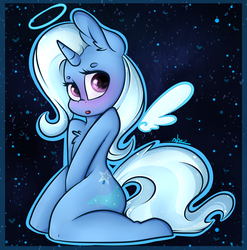 Size: 2824x2856 | Tagged: safe, artist:ashee, trixie, angel, pony, unicorn, semi-anthro, g4, blushing, chest fluff, female, floating wings, halo, high res, kneeling, solo