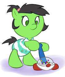 Size: 493x584 | Tagged: safe, artist:lazynore, oc, oc only, oc:filly anon, pony, 4chan, baby, baby pony, bipedal, button, diaper, female, filly, happy, onesie, playing, request, simple background, smiling, standing, toy, white background