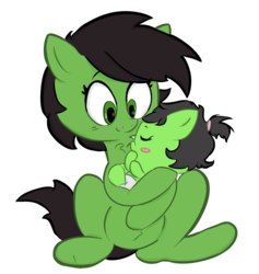 Size: 919x970 | Tagged: safe, artist:lazynore, oc, oc only, oc:filly anon, pony, 4chan, baby, baby pony, blushing, chest fluff, cradling, cute, diaper, female, filly, happy, holding, holding a pony, hug, motherly, request, simple background, sitting, sleeping, smiling, transparent background