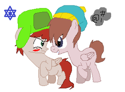 Size: 306x227 | Tagged: safe, artist:somecoconut, pegasus, pony, base used, beanie, blushing, censored vulgarity, colt, duo, eric cartman, gay, grawlixes, hat, kyle broflovski, kyman, male, ponified, raised hoof, shipping, simple background, smiling, south park, white background, wings
