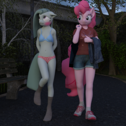 Size: 1500x1500 | Tagged: dead source, safe, artist:tahublade7, marble pie, pinkie pie, earth pony, anthro, plantigrade anthro, g4, 3d, belly button, blue underwear, blushing, bra, breasts, clothes, daz studio, duo, embarrassed, embarrassed underwear exposure, female, floppy ears, humiliation, mare, nail polish, not sfm, panties, pants, pink underwear, shirt, shoes, shorts, sisters, sneakers, socks, story included, tree, twins, underwear
