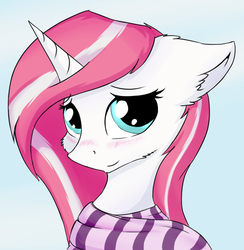 Size: 856x878 | Tagged: safe, artist:wolfypon, oc, oc only, oc:aether wake, pony, unicorn, blushing, bust, candy cane mane, clothes, cute, female, floppy ears, looking at you, mare, portrait, scarf, smiling