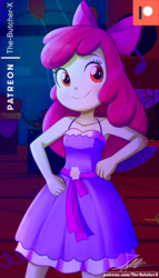 Size: 1600x2800 | Tagged: safe, artist:the-butch-x, apple bloom, a photo booth story, equestria girls, g4, my little pony equestria girls, my little pony equestria girls: summertime shorts, raise this roof, adorabloom, apple bloom's bow, bow, clothes, commission, cute, dress, fall formal, fall formal outfits, female, hair bow, patreon, patreon logo, smiling, solo