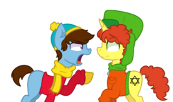 Size: 1024x607 | Tagged: safe, artist:sindysarts, earth pony, pony, unicorn, blank flank, clothes, duo, eric cartman, hat, hebrew, kyle broflovski, male, ponified, rude, scarf, south park