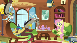 Size: 1280x720 | Tagged: safe, screencap, discord, fluttershy, pony, discordant harmony, g4, cup, glasses, sandwich crust, self paradox, smiling, teacup, teapot