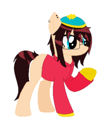 Size: 358x408 | Tagged: safe, artist:haleymatsu, oc, oc only, clothes, cosplay, costume, eric cartman, female, glasses, hat, male, mare, solo, south park