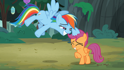 Size: 1920x1080 | Tagged: safe, screencap, rainbow dash, scootaloo, pegasus, pony, campfire tales, g4, 1080p, female, filly, flying, gritted teeth, happy, mare, noogie, scootalove, smiling